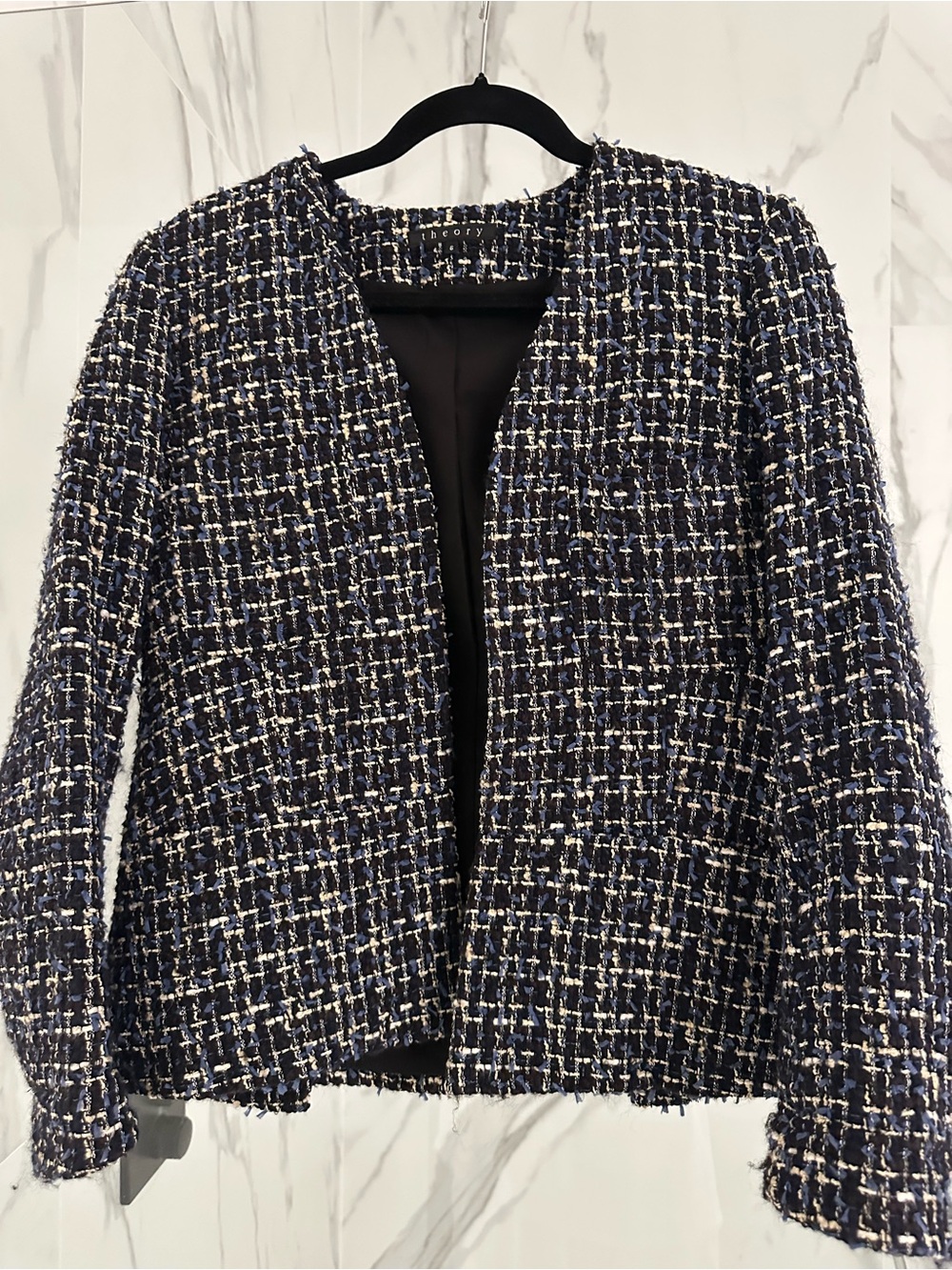 Theory Navy and White Tweed Collarless Blazer